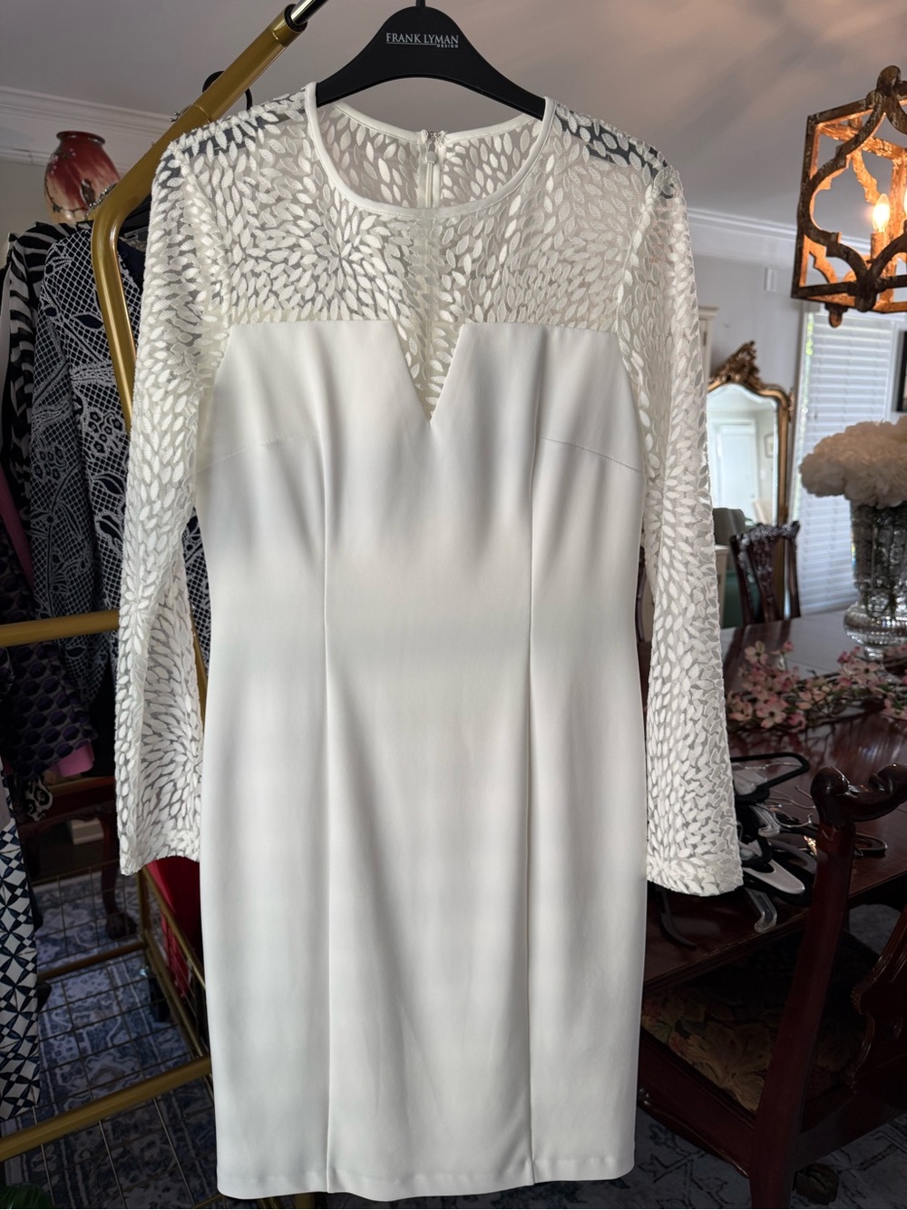Frank Lyman Design White Lace-Yoke Midi Sheath Dress